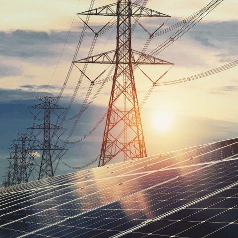 Solar Farm with sun shining