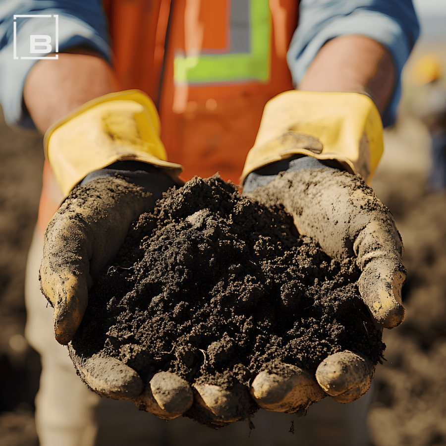 Gloved hands holding soil